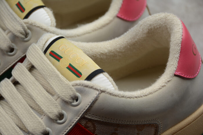 Gucci Screener Leather and Suede Sneaker with Web Stripe and Pink crossreps