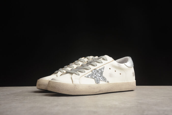 Golden Goose Distressed White Leather Sneakers with Grey Laces and Silver Heel Tab crossreps