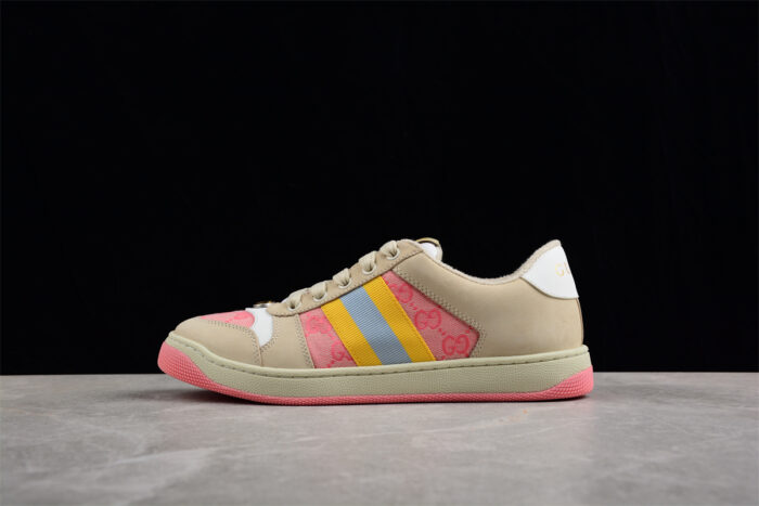 Gucci Beige Leather Sneakers with Pink GG Monogram and Yellow Web Stripe crossreps