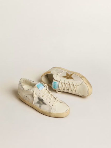 Super-Star in white leather and suede with silver and gold leather star crossreps