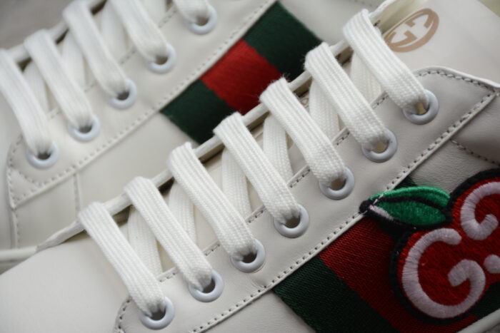 Gucci Ace Leather Sneaker with Red Metallic Heel Tab and Green and Red Web