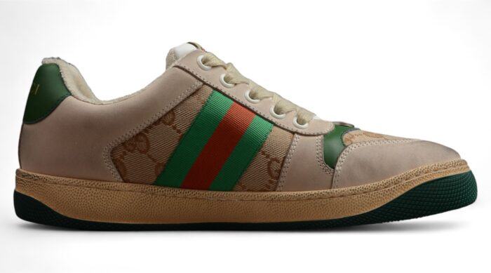 Gucci Screener Leather and Suede Sneaker with Green Heel Tab and Web Stripe crossreps