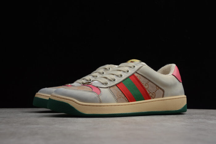 Gucci Screener Leather and Suede Sneaker with Web Stripe and Pink crossreps