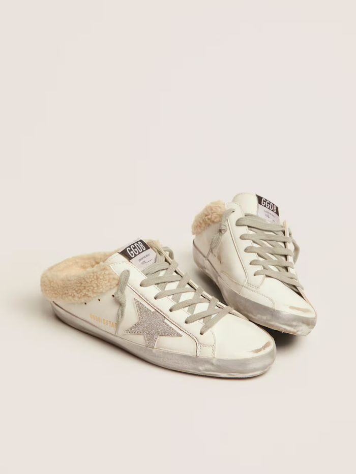 Super-Star Sabots in white leather with shearling lining crossreps