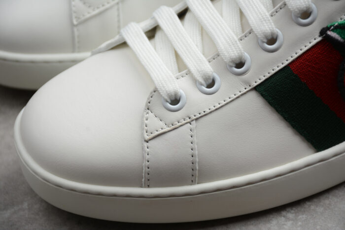 Gucci Ace Leather Sneaker with Red Metallic Heel Tab and Green and Red Web