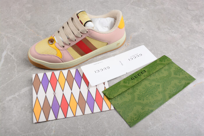 Gucci Pink and Yellow Suede Sneakers with Signature Web Stripe crossreps