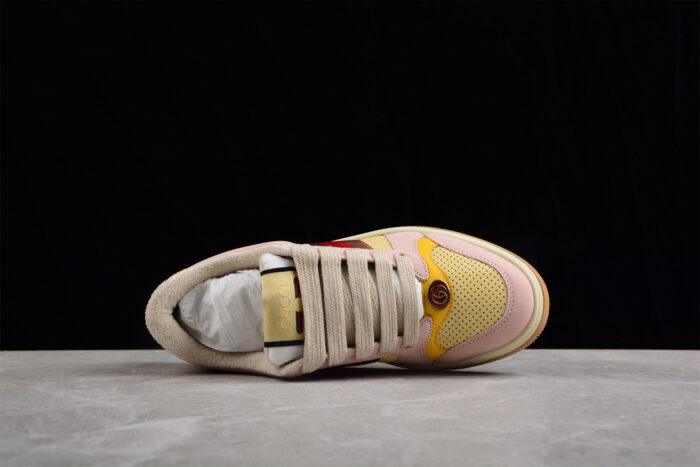 Gucci Pink and Yellow Suede Sneakers with Signature Web Stripe crossreps