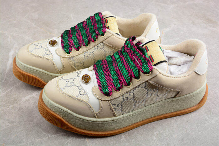 Gucci Beige Suede Sneakers with Embroidered Monogram and Colorful Laces crossreps