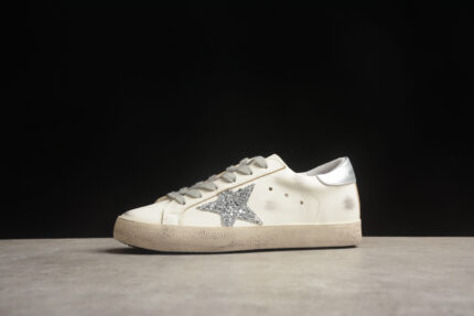 Golden Goose Distressed White Leather Sneakers with Grey Laces and Silver Heel Tab crossreps