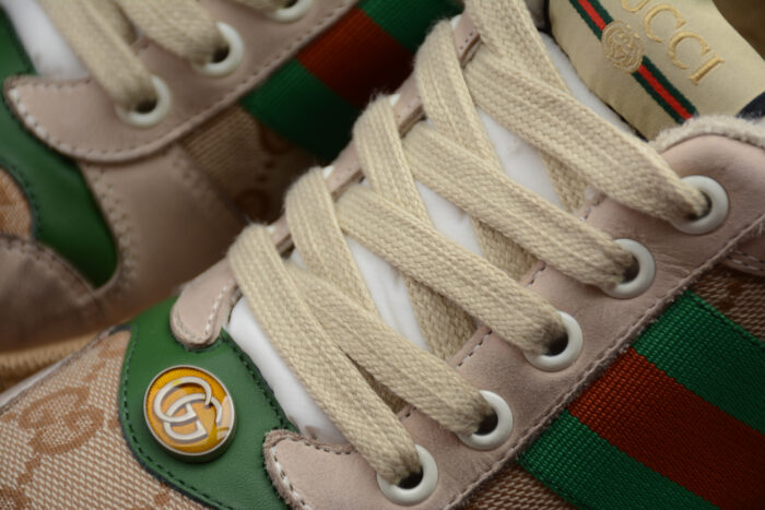 Gucci Screener Leather and Suede Sneaker with Green Heel Tab and Web Stripe crossreps