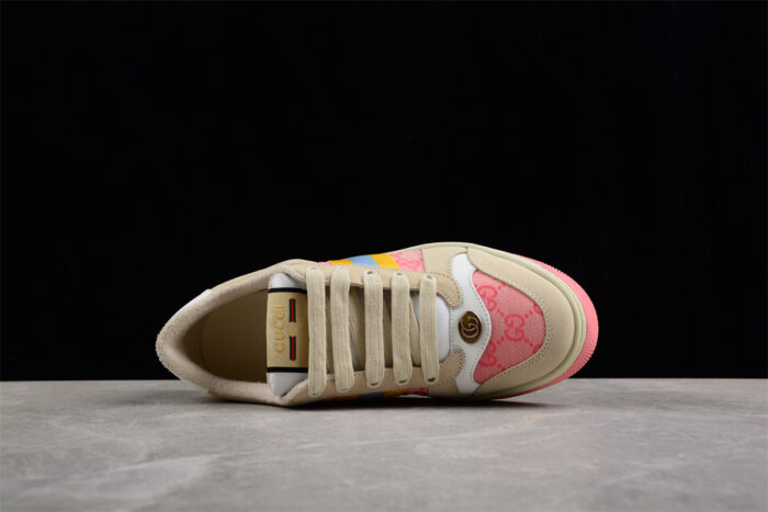 Gucci Beige Leather Sneakers with Pink GG Monogram and Yellow Web Stripe crossreps