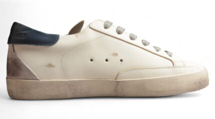 Golden Goose Distressed White Leather Sneakers with Blue Heel Tab crossreps