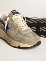 Running Sole sneakers in silver glitter and dove-gray suede with black leather star crossreps