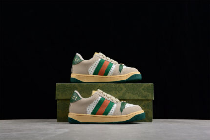 Gucci Beige Leather Sneakers with Green and Red Web Stripe crossreps