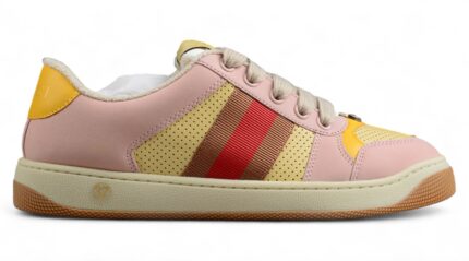 Gucci Pink and Yellow Suede Sneakers with Signature Web Stripe crossreps