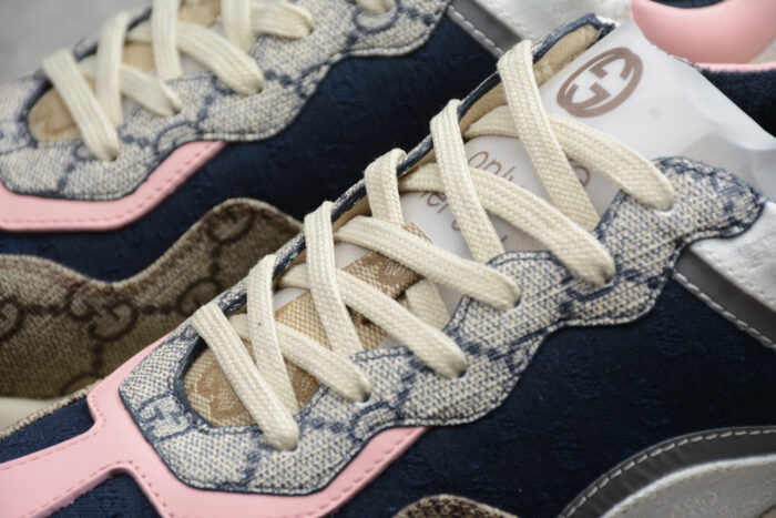 Gucci Rhyton Mixed-Material Sneaker with Pink and Navy Accents crossreps