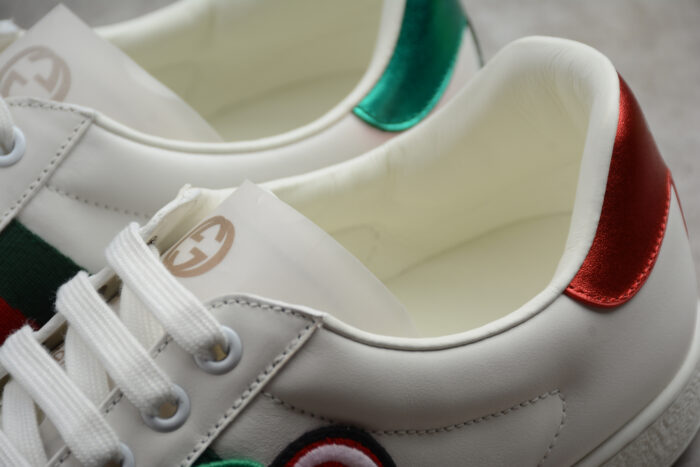 Gucci Ace Leather Sneaker with Red Metallic Heel Tab and Green and Red Web