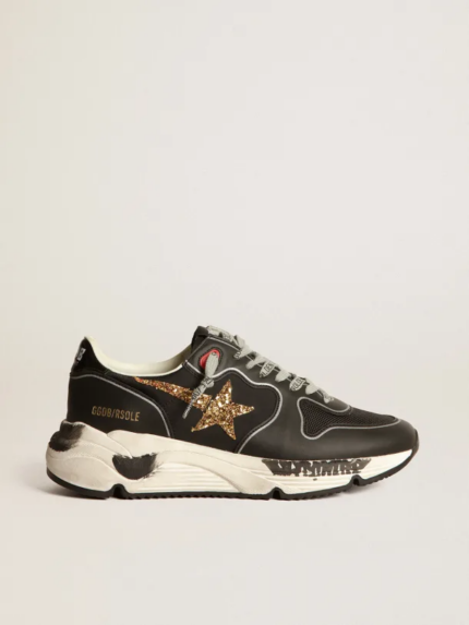 Black Running Sole sneakers with glittery gold star crossreps