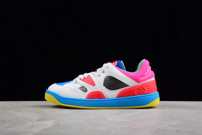 Gucci Neon Pink and Blue Leather Sneakers with Multicolor Sole crossreps