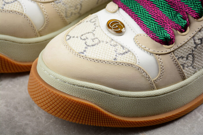 Gucci Beige Suede Sneakers with Embroidered Monogram and Colorful Laces crossreps