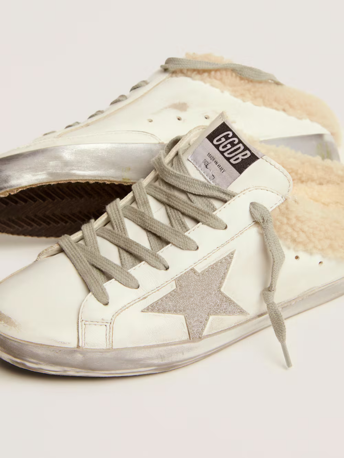 Super-Star Sabots in white leather with shearling lining crossreps