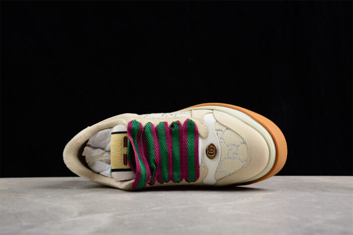 Gucci Beige Suede Sneakers with Embroidered Monogram and Colorful Laces crossreps