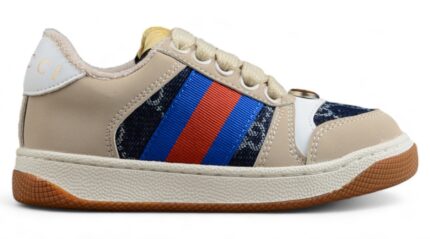 Gucci Beige Leather Sneakers with Web Stripe and GG Monogram