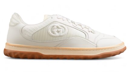 Gucci White Leather Sneakers with Embossed GG Logo and Gum Sole crossreps