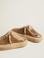 Space-Star Sabot shoes in tobacco-colored suede with shearling lining crossreps