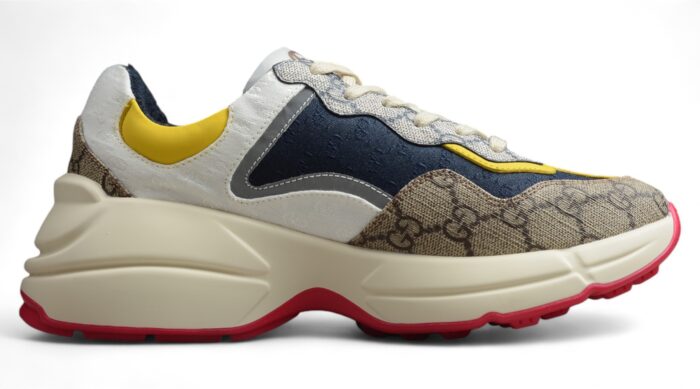 Gucci Rhyton Mixed-Material Sneaker with GG Canvas and Yellow Accents crossreps