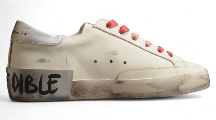 Golden Goose Distressed White Leather Sneakers with Red Laces and Silver Heel Tab crossreps