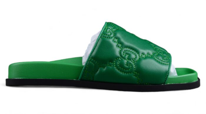 Gucci Green Leather Slide Sandals with Embossed Logo crossreps