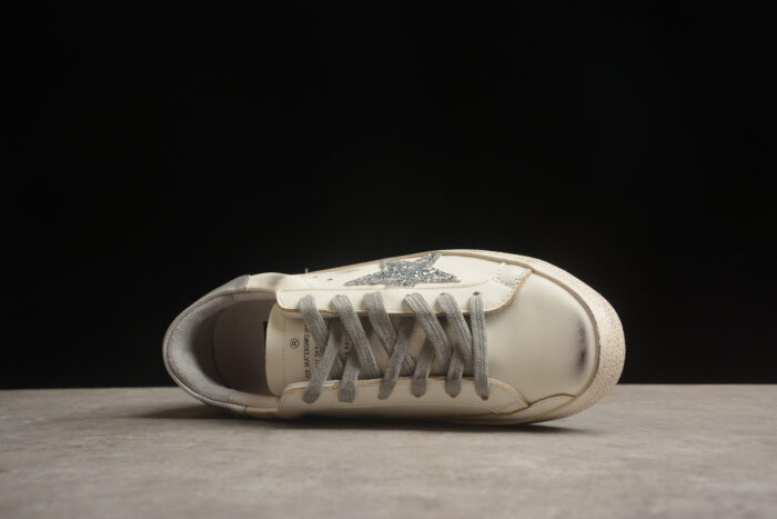 Golden Goose Distressed White Leather Sneakers with Grey Laces and Silver Heel Tab crossreps