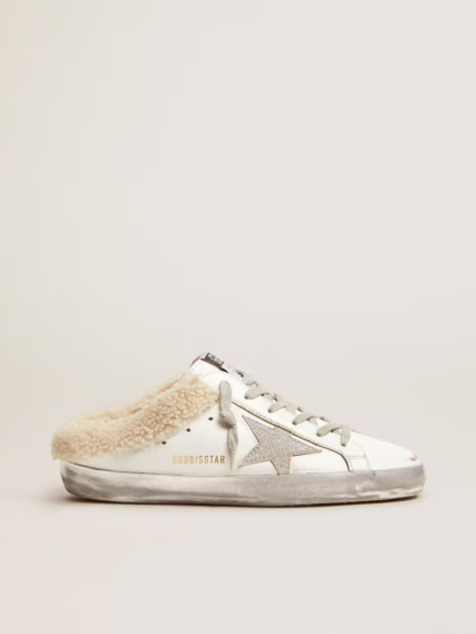 Super-Star Sabots in white leather with shearling lining crossreps