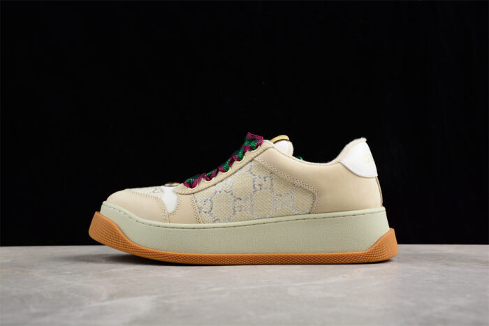 Gucci Beige Suede Sneakers with Embroidered Monogram and Colorful Laces crossreps