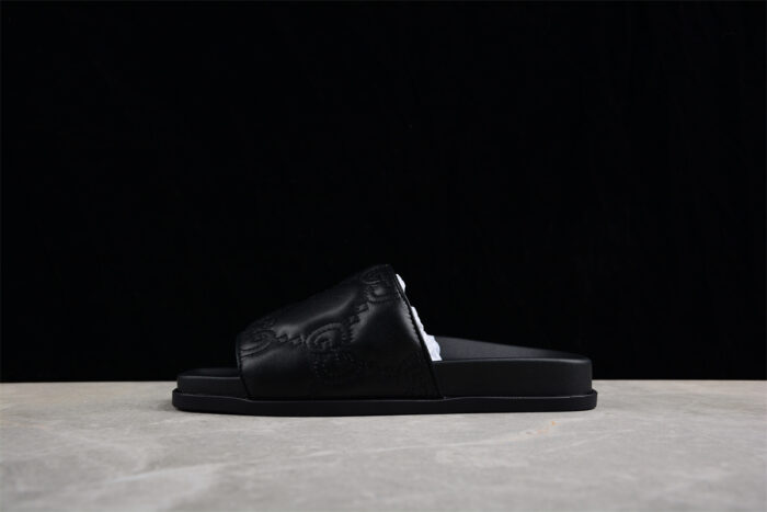 Gucci Black Leather Slide Sandals with Embossed Logo crossreps