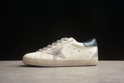 Golden Goose Distressed White Leather Sneakers with Blue Heel Tab crossreps