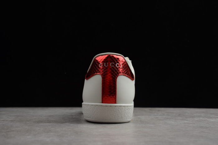 Gucci Ace Leather Sneaker with Red Metallic Heel Tab and Green and Red Web crossreps