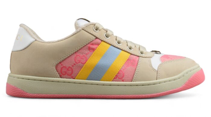 Gucci Beige Leather Sneakers with Pink GG Monogram and Yellow Web Stripe crossreps