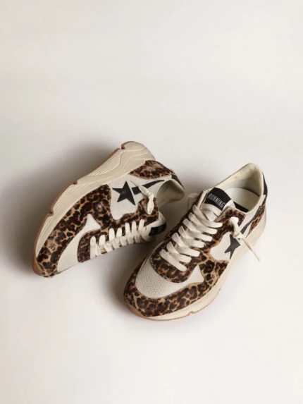 Running Sole sneakers in cream-colored mesh with leopard-print pony skin inserts and black leather s crossreps