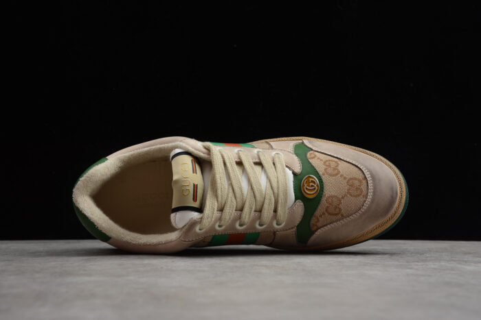 Gucci Screener Leather and Suede Sneaker with Green Heel Tab and Web Stripe crossreps