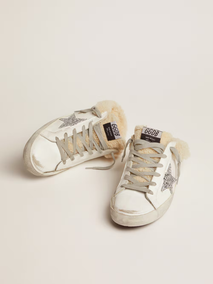 Super-Star Sabot in white leather and shearling lining crossreps