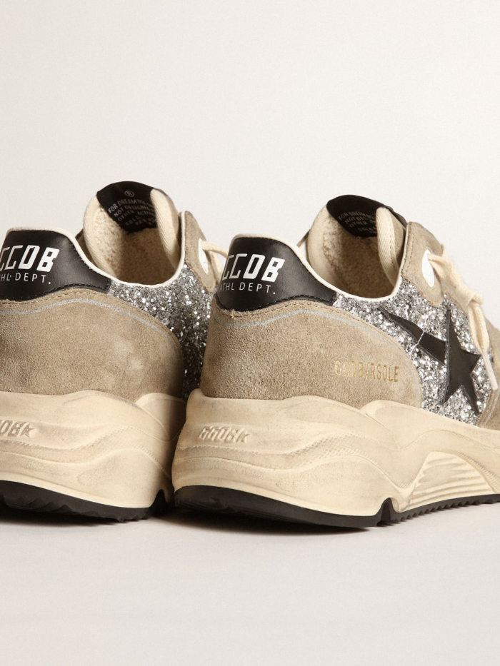 Running Sole sneakers in silver glitter and dove-gray suede with black leather star crossreps