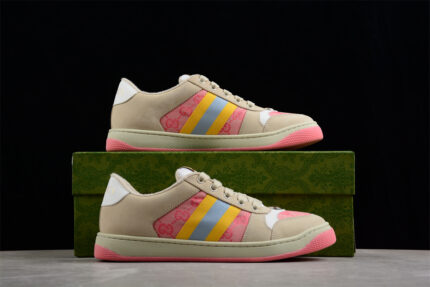 Gucci Beige Leather Sneakers with Pink GG Monogram and Yellow Web Stripe crossreps