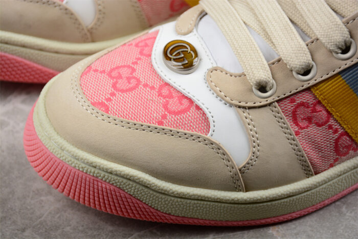 Gucci Beige Leather Sneakers with Pink GG Monogram and Yellow Web Stripe crossreps