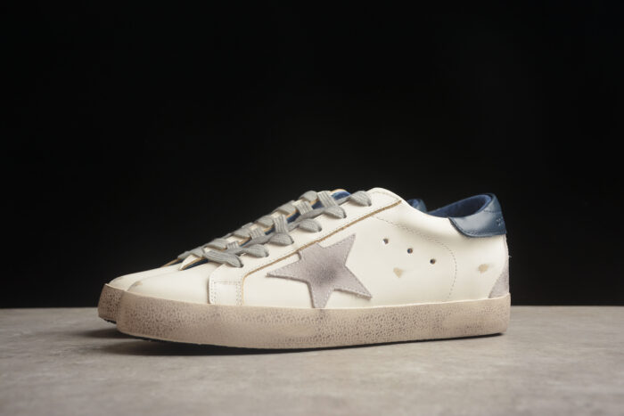 Golden Goose Distressed White Leather Sneakers with Blue Heel Tab crossreps