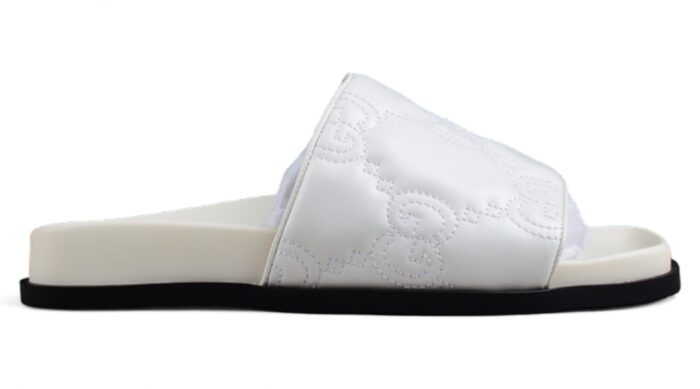 Gucci White Leather Slide Sandals with Embossed Logo crossreps