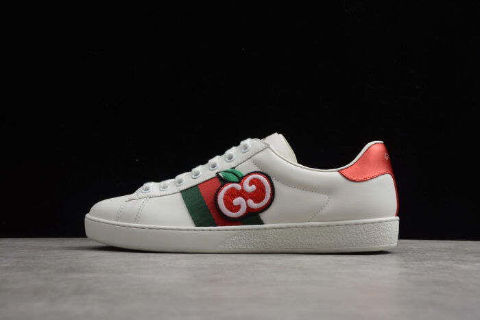 Gucci Ace Leather Sneaker with Red Metallic Heel Tab and Green and Red Web