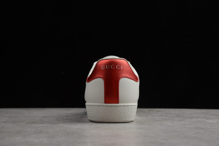 Gucci Ace Leather Sneaker with Red Metallic Heel Tab and Green and Red Web