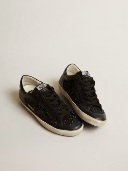 Super-Star in black nappa and glitter with glossy black leather star crossreps